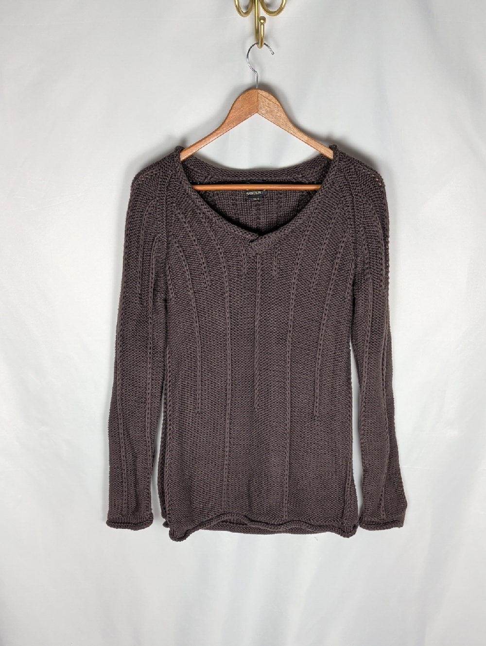 Pure Handknit Brown 100% Cotton V-Neck Sweater Women’s Size XS/S